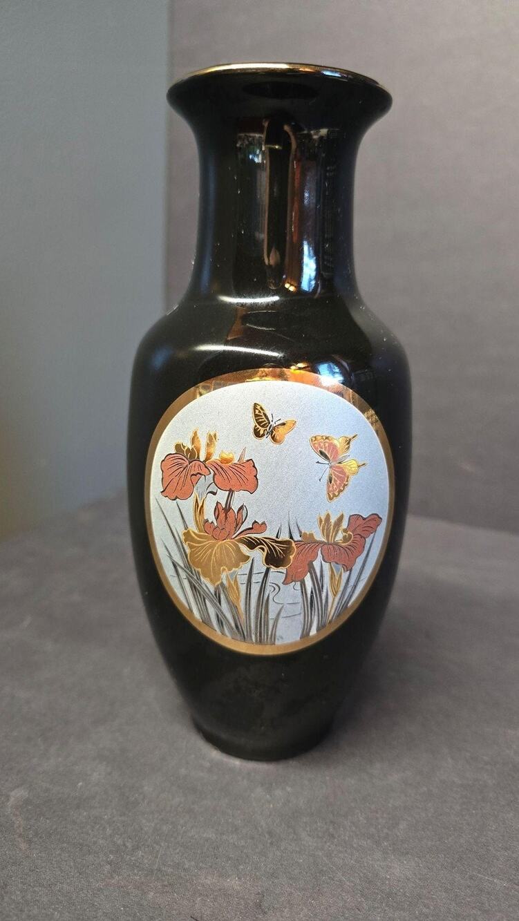 Vintage Fine China Floral Butterfly Vase Black Porcelain Japan Copper Gold Tone